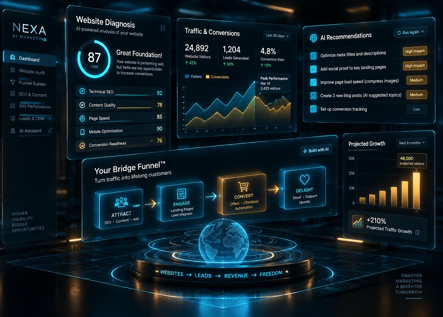 AI marketing analysis of a business page with a diagnosis panel and bridge funnel flow